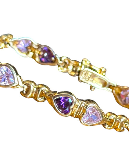 Stunning Gold plt sterling silver 925 Purple & pink Heart CZ Bracelet