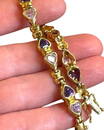 Stunning Gold plt sterling silver 925 Purple & pink Heart CZ Bracelet