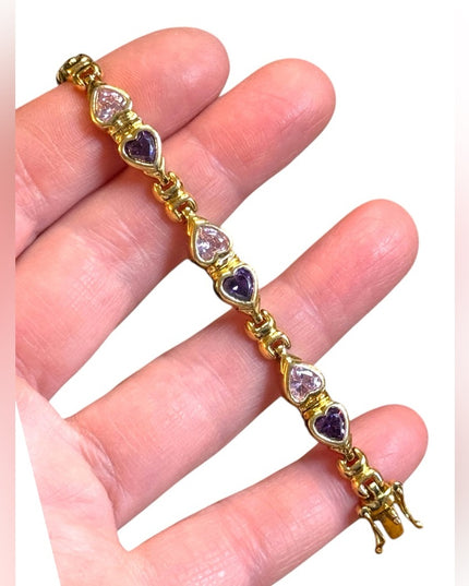Stunning Gold plt sterling silver 925 Purple & pink Heart CZ Bracelet