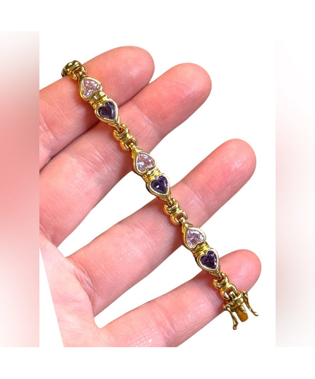 Stunning Gold plt sterling silver 925 Purple & pink Heart CZ Bracelet