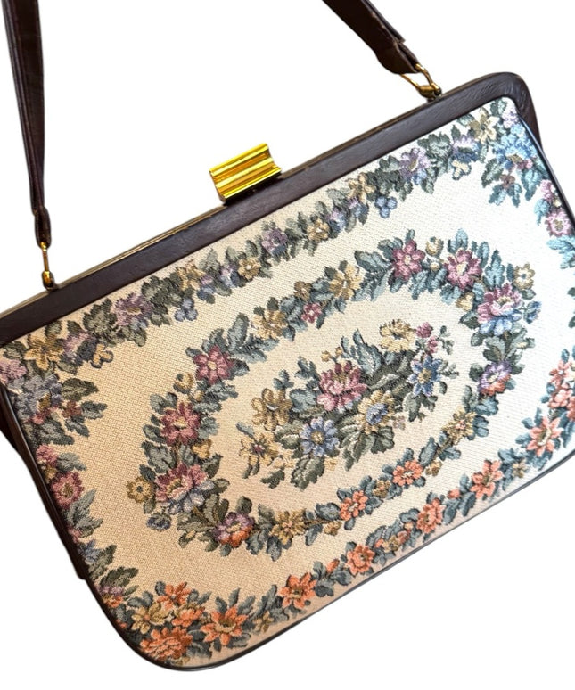 Vintage Floral Tapestry Shoulder Bag 1950s Lamarguise flower Multicolor