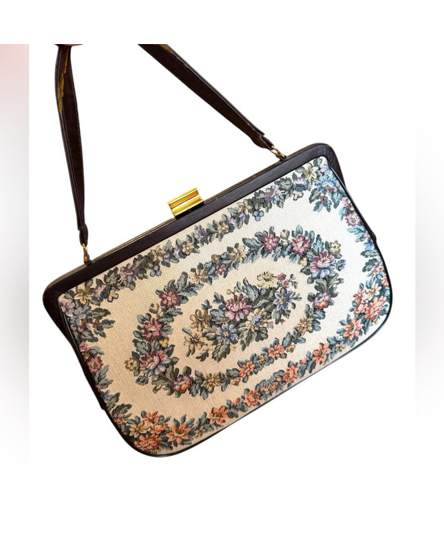 Vintage Floral Tapestry Shoulder Bag 1950s Lamarguise flower Multicolor