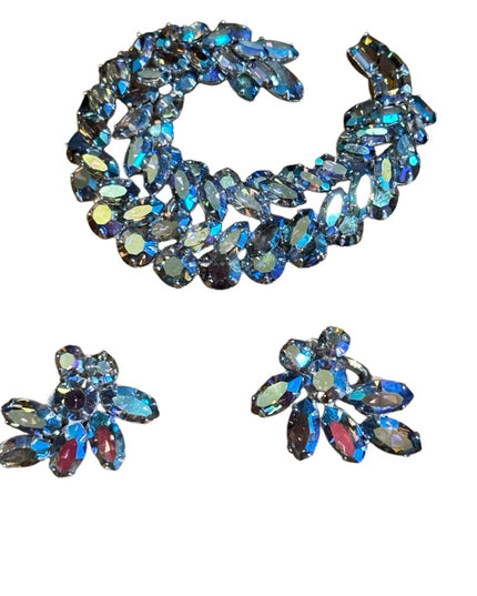 Stunning RARE Blue AB Aurora Borealis Sherman silver Crystal Brooch & Earrings