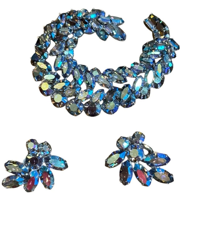 Stunning RARE Blue AB Aurora Borealis Sherman silver Crystal Brooch & Earrings