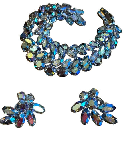 Stunning RARE Blue AB Aurora Borealis Sherman silver Crystal Brooch & Earrings