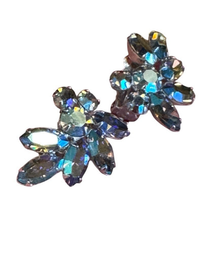 Stunning RARE Blue AB Aurora Borealis Sherman silver Crystal Brooch & Earrings