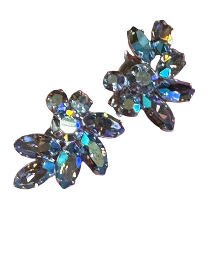 Stunning RARE Blue AB Aurora Borealis Sherman silver Crystal Brooch & Earrings