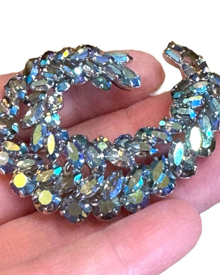 Stunning RARE Blue AB Aurora Borealis Sherman silver Crystal Brooch & Earrings