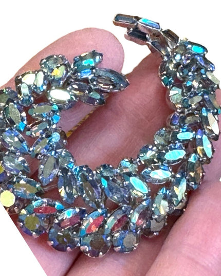 Stunning RARE Blue AB Aurora Borealis Sherman silver Crystal Brooch & Earrings