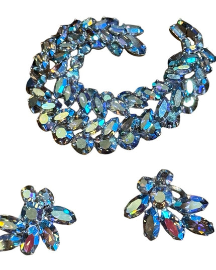 Stunning RARE Blue AB Aurora Borealis Sherman silver Crystal Brooch & Earrings
