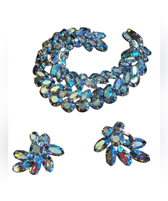 Stunning RARE Blue AB Aurora Borealis Sherman silver Crystal Brooch & Earrings