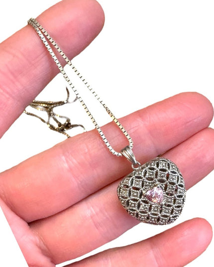 Elegant Sterling Silver 925 puffed Heart pink CZ Pendant Necklace