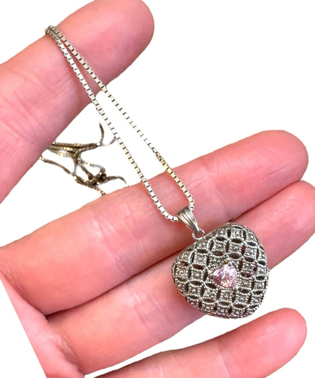 Elegant Sterling Silver 925 puffed Heart pink CZ Pendant Necklace