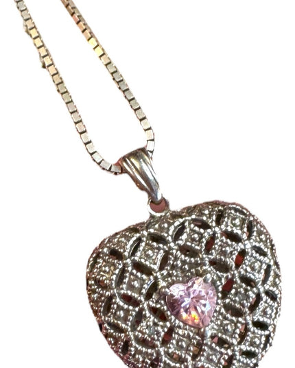 Elegant Sterling Silver 925 puffed Heart pink CZ Pendant Necklace