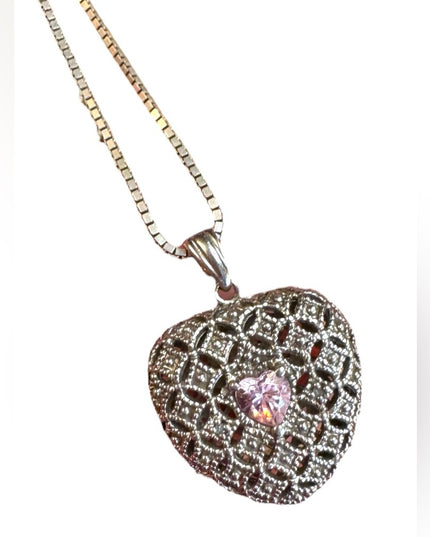 Elegant Sterling Silver 925 puffed Heart pink CZ Pendant Necklace