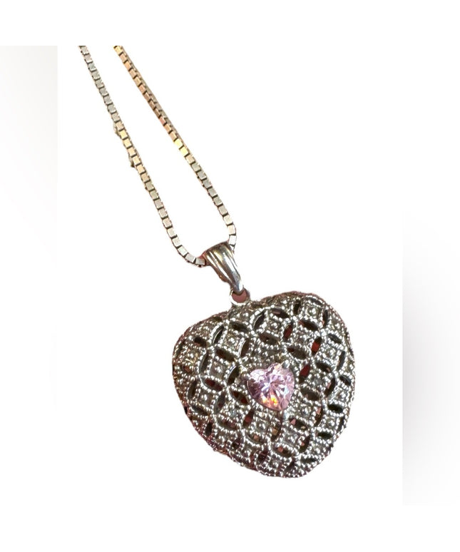 Elegant Sterling Silver 925 puffed Heart pink CZ Pendant Necklace