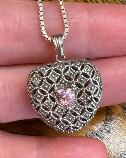 Elegant Sterling Silver 925 puffed Heart pink CZ Pendant Necklace