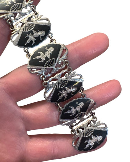Elegant Vintage Siam Sterling 925 Black Silver Thai Goddess Nielo Bracelet