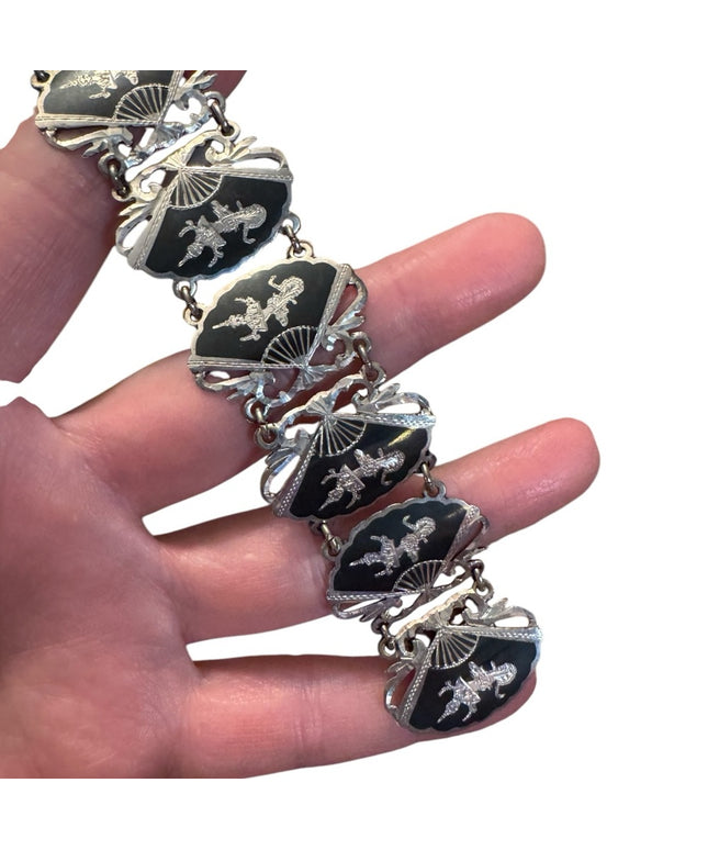 Elegant Vintage Siam Sterling 925 Black Silver Thai Goddess Nielo Bracelet
