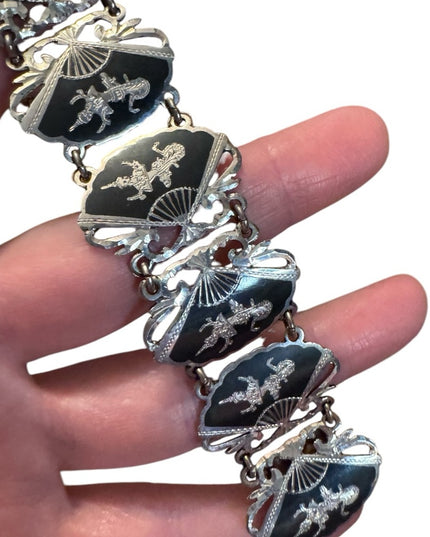 Elegant Vintage Siam Sterling 925 Black Silver Thai Goddess Nielo Bracelet