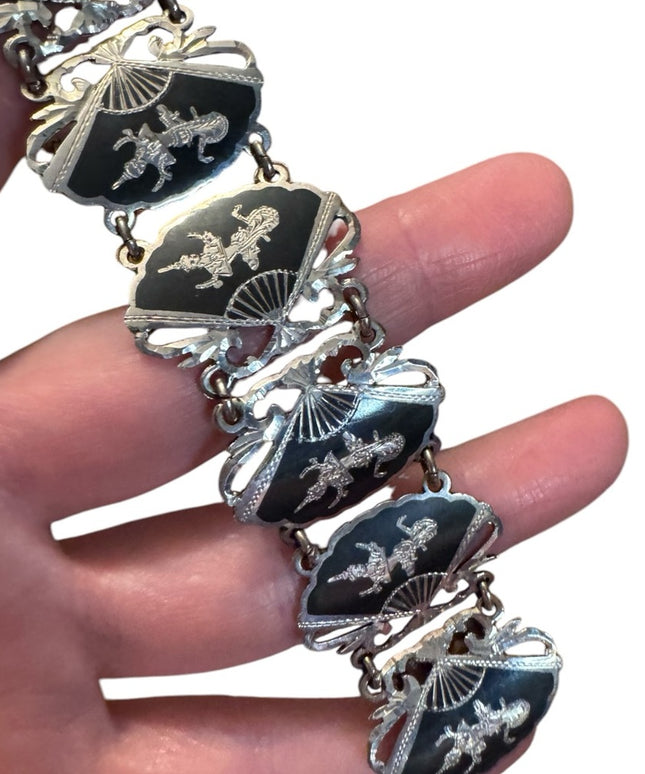 Elegant Vintage Siam Sterling 925 Black Silver Thai Goddess Nielo Bracelet