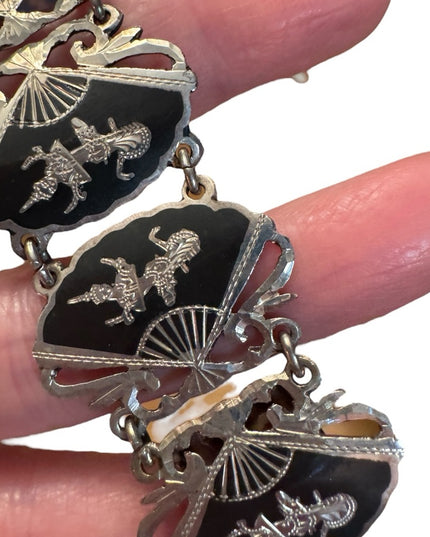 Elegant Vintage Siam Sterling 925 Black Silver Thai Goddess Nielo Bracelet