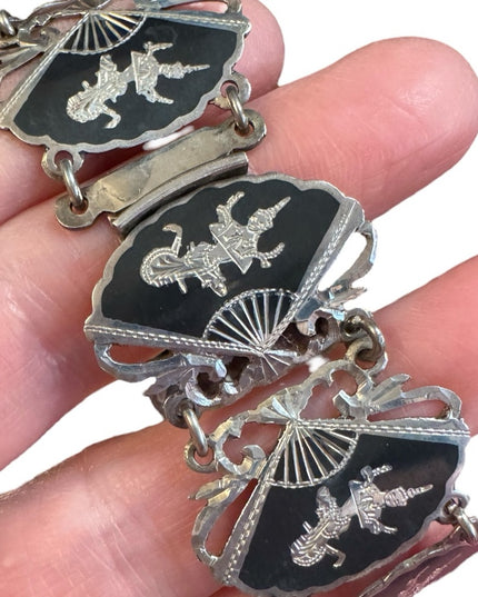 Elegant Vintage Siam Sterling 925 Black Silver Thai Goddess Nielo Bracelet