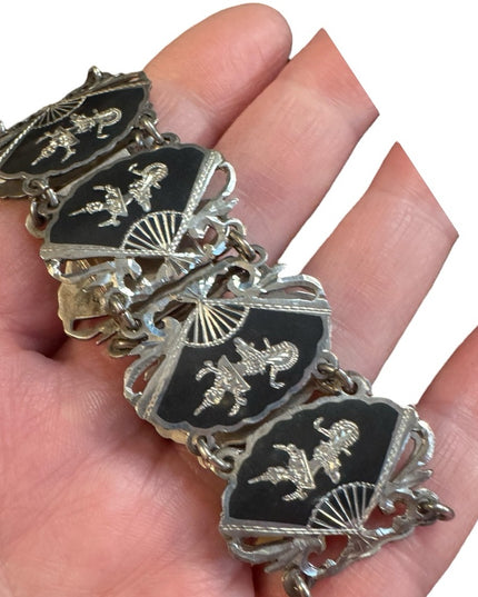 Elegant Vintage Siam Sterling 925 Black Silver Thai Goddess Nielo Bracelet