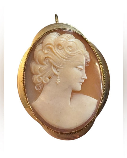 Vintage 10k Gold BIRKS Large hand carved Shell Cameo Brooch pendant-
