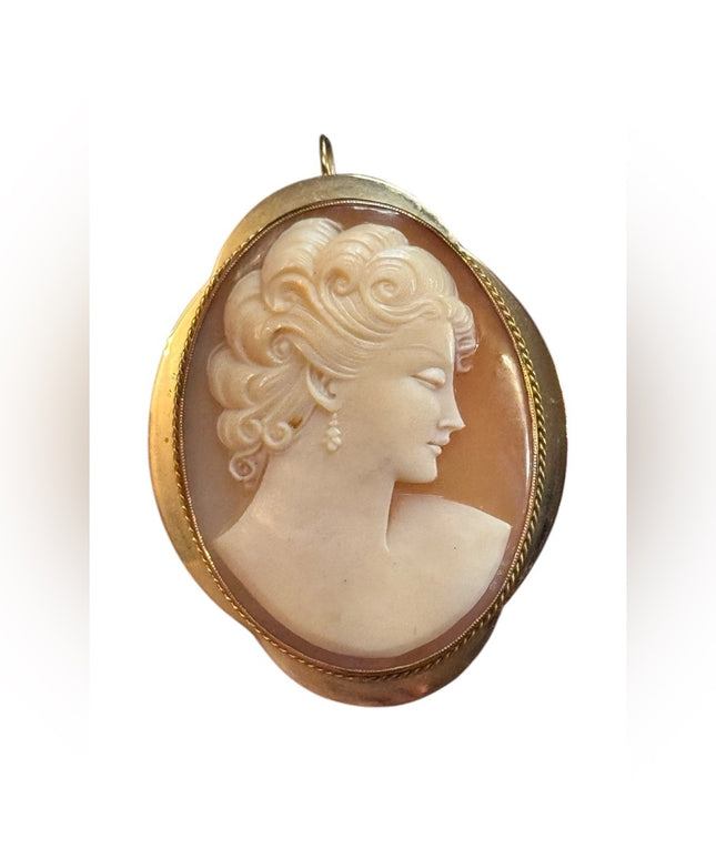 Vintage 10k Gold BIRKS Large hand carved Shell Cameo Brooch pendant-