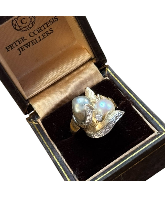 Stunning 1960s 14k Gold Diamond & Pearl Ring brushed finish