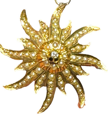 Antique 14k Gold diamond & seed pearl starburst brooch pendant Eduardian