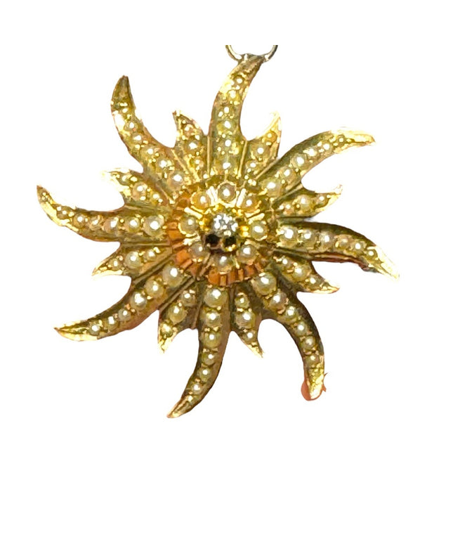 Antique 14k Gold diamond & seed pearl starburst brooch pendant Eduardian