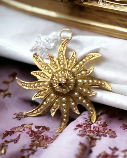 Antique 14k Gold diamond & seed pearl starburst brooch pendant Eduardian