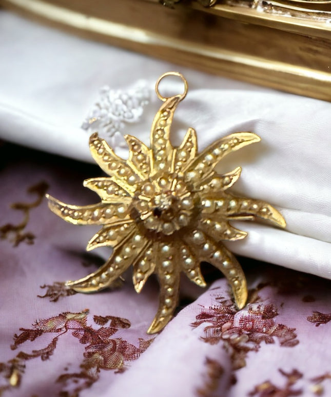 Antique 14k Gold diamond & seed pearl starburst brooch pendant Eduardian