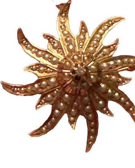 Antique 14k Gold diamond & seed pearl starburst brooch pendant Eduardian