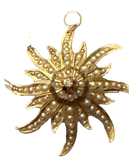 Antique 14k Gold diamond & seed pearl starburst brooch pendant Eduardian