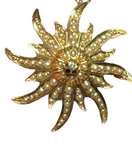Antique 14k Gold diamond & seed pearl starburst brooch pendant Eduardian