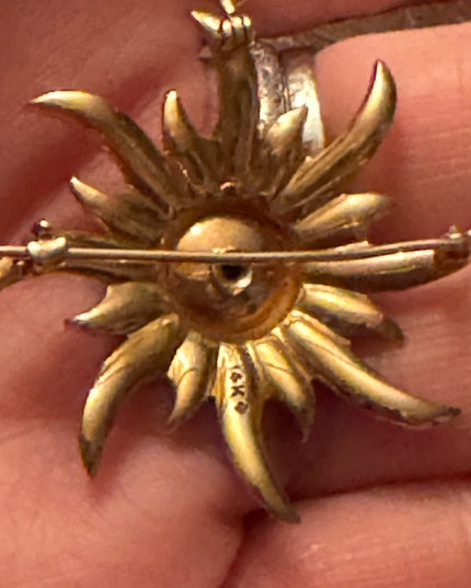 Antique 14k Gold diamond & seed pearl starburst brooch pendant Eduardian