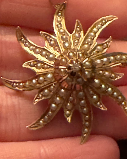 Antique 14k Gold diamond & seed pearl starburst brooch pendant Eduardian