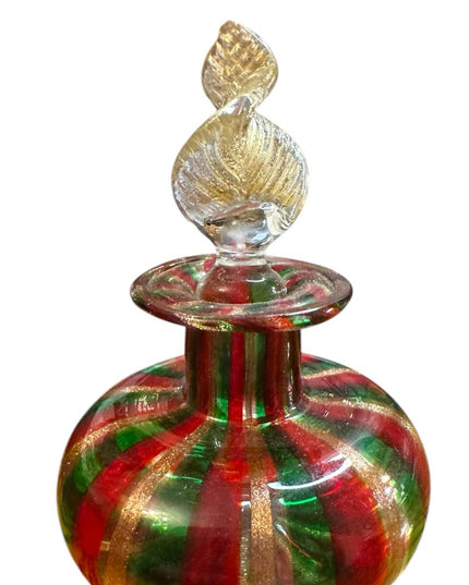 Vintage spun handmade Murano Glass Perfume Bottle Red Green Gold Striped Stopper