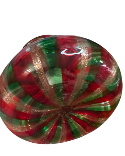 Vintage spun handmade Murano Glass Perfume Bottle Red Green Gold Striped Stopper
