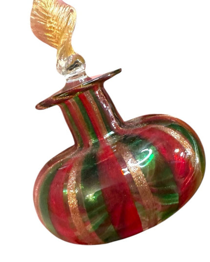 Vintage spun handmade Murano Glass Perfume Bottle Red Green Gold Striped Stopper