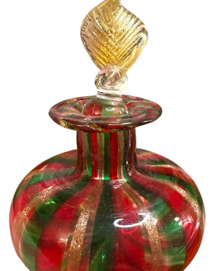 Vintage spun handmade Murano Glass Perfume Bottle Red Green Gold Striped Stopper