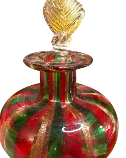 Vintage spun handmade Murano Glass Perfume Bottle Red Green Gold Striped Stopper