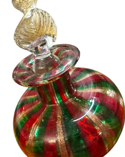 Vintage spun handmade Murano Glass Perfume Bottle Red Green Gold Striped Stopper
