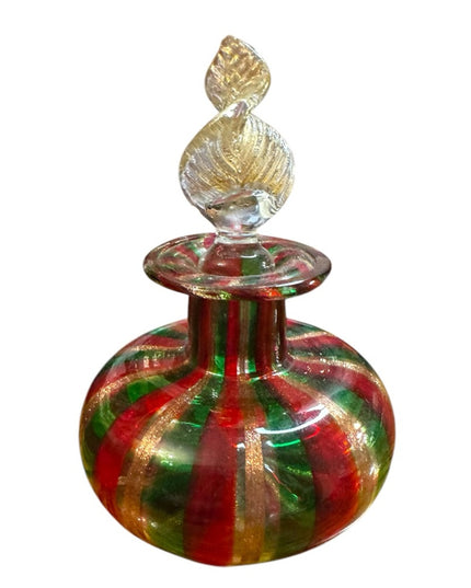 Vintage spun handmade Murano Glass Perfume Bottle Red Green Gold Striped Stopper
