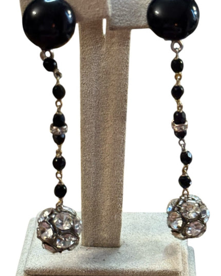 Elegant Black and Silver Dangle clip on rhinestones Earrings