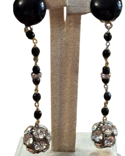 Elegant Black and Silver Dangle clip on rhinestones Earrings