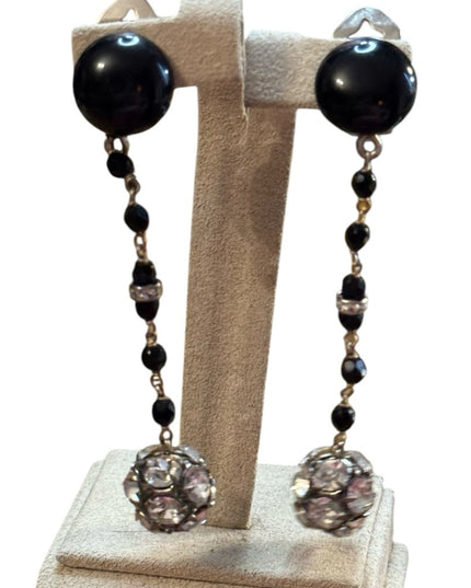 Elegant Black and Silver Dangle clip on rhinestones Earrings